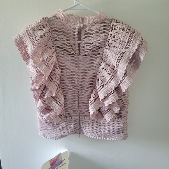 CHICWISH Tiered Ruffle Crochet Mock Neck Sleeveless Top in Pink NWT - Picture 2 of 6